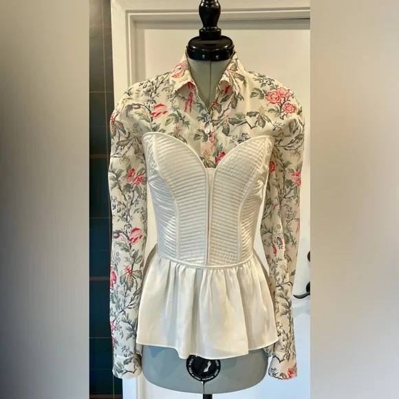 The Kooples silk button down shirt w/floral tropical bird print, cream/pink, XS - Picture 9 of 10